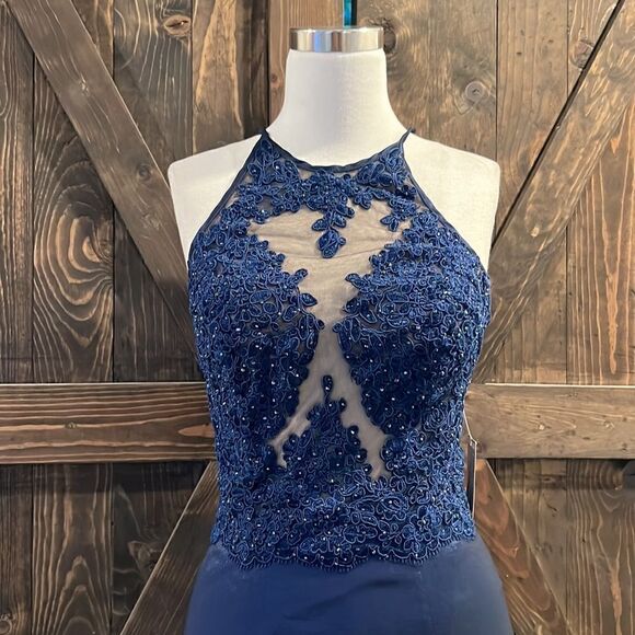 NWT Davids Bridal XSCAPE Bridesmaid Dress Navy Mermaid sheer Formal Dress Prom - Picture 3 of 14